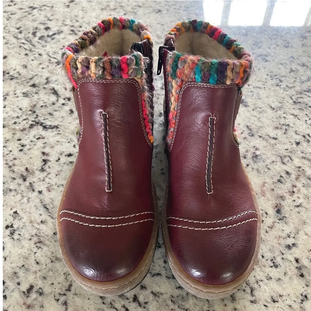 Rieker Ankle Boots Womens 37 Burgundy Boho Knit Collar Zip Z6784-35 Antistress